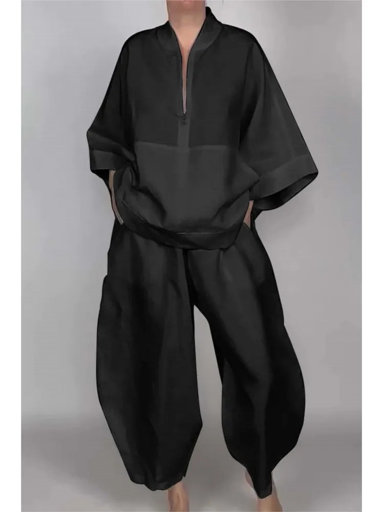 Casual Half-zip Top Bud Pants 2-piece Set For Women Fashionable Spring Autumn Pocket Solid Color Loose Vintage Suit Female 250408