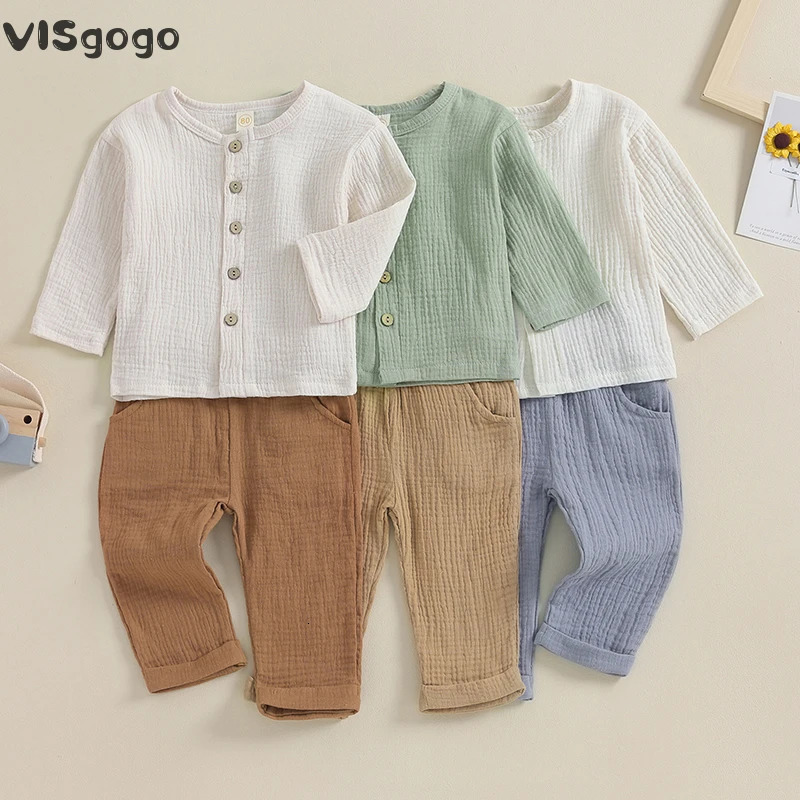 Visgogo 2-piece childrens mens button up long sleeved T-shirt solid color long pants linen spring autumn set 250409