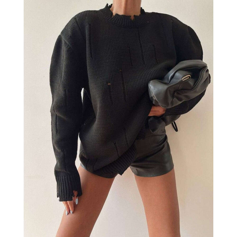 2024 European and American early autumn new loose fitting pullover top women's hand worn round neck sweater