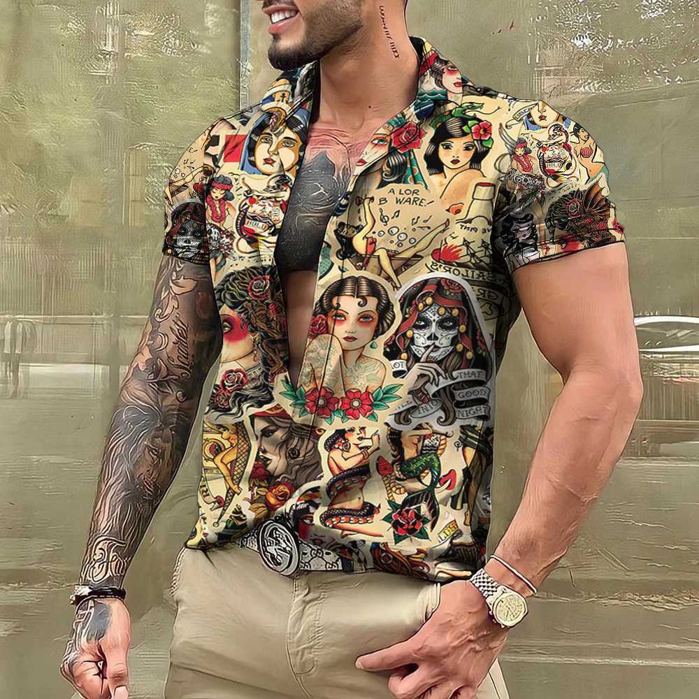 Summer Tattoo Shirt Hawaiian Mens Brand Short Sleeve Top T-shirt Casual Mens Shirt Camisas De Hombre Clothing X250410