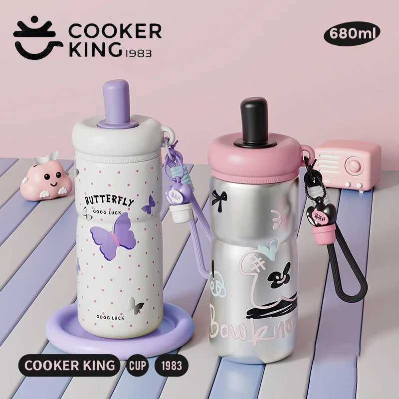 Fashionable cup 680ml Thermos Cup with Straw Stainless Steel Ceramic Inner Insated Cup Cartoon Travel g Portable Water Bottle Y251110
