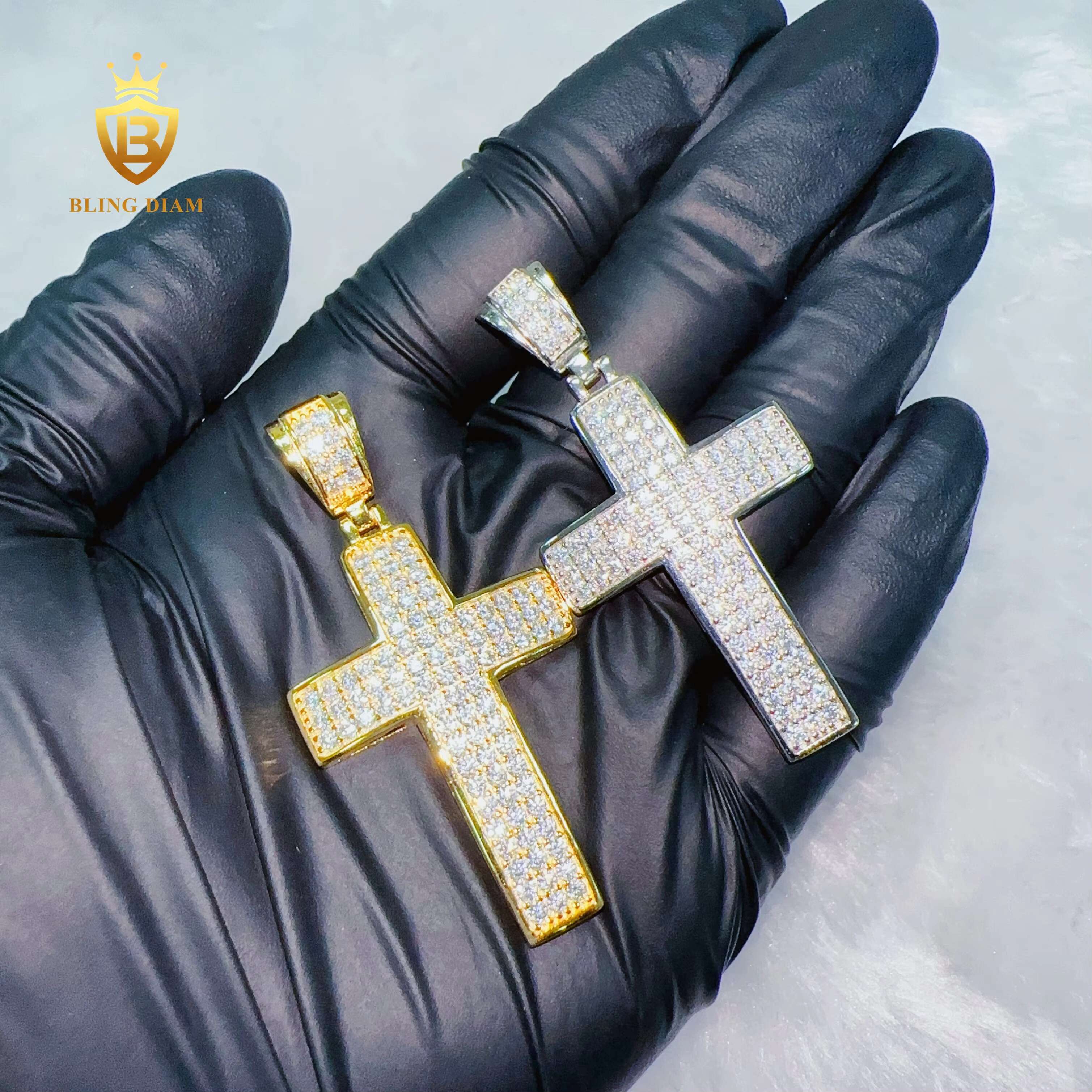 Blingdiam Custom Hip Hop Jewelry VVS Moissanite Cross Pendant 925 Sterling Silver Charm Necklace for Women Men