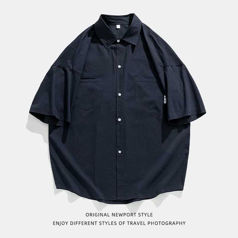 Mens dual pocket design short sleeved mens retro loose solid color simple casual trend brand from Japan X250410
