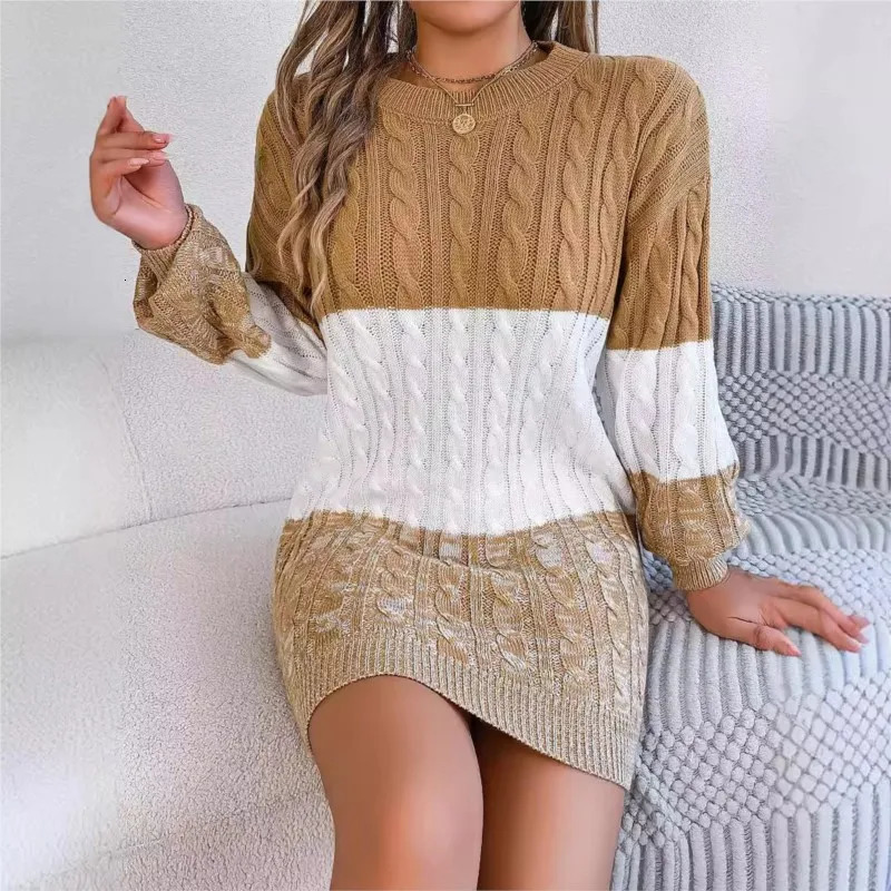 Womens Knitted Sweater Dress Color Blocked Autumn And Winter Elegant Square Collar Button Long Sleeve Bag Hip Skirt 251110