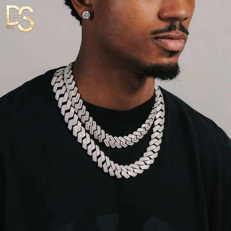 Hip Hop Jewelry Round Cut Prong 8mm-20mm Width Cuban Link Chain Silver Moissanite Necklace and Bracelet