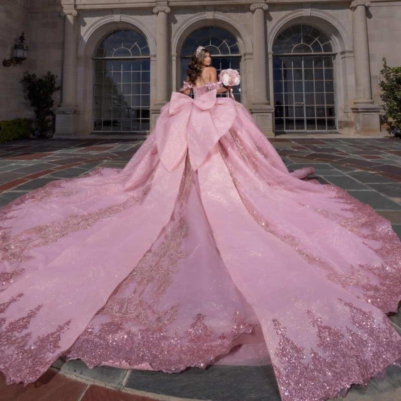 Pink Quinceanera Dresses Off The Shoulder Sequin Applique Lace Beading Crystal Bow Tull Party Birthday Sweet 16 Dress Vestidos 15 Anos