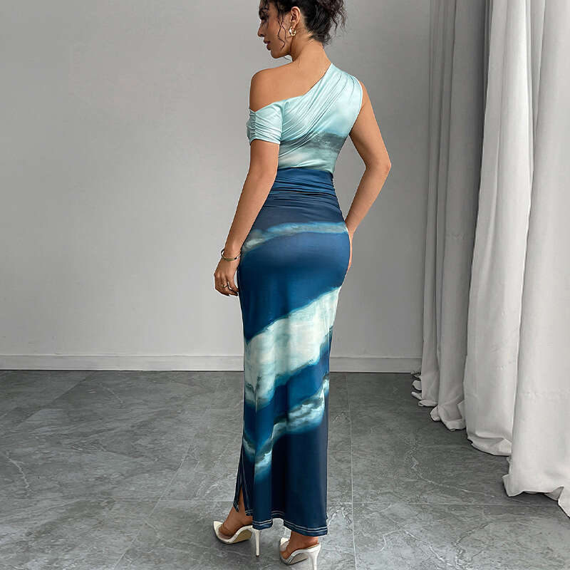 Rui Chuo 2025 Summer Cross-Border Wish Foreign Trade European and American Sleeveless Asymmetrical Shoulder Printed Slim Fit One-Step Dress Women'