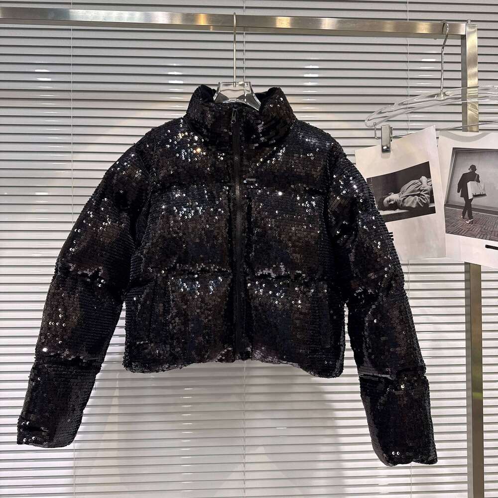 Winter Fashion Highstreet Women's Cotton Coats Sequins Stand Collar Versatile Casual Warm Puffer Short Parkas Jackets Women