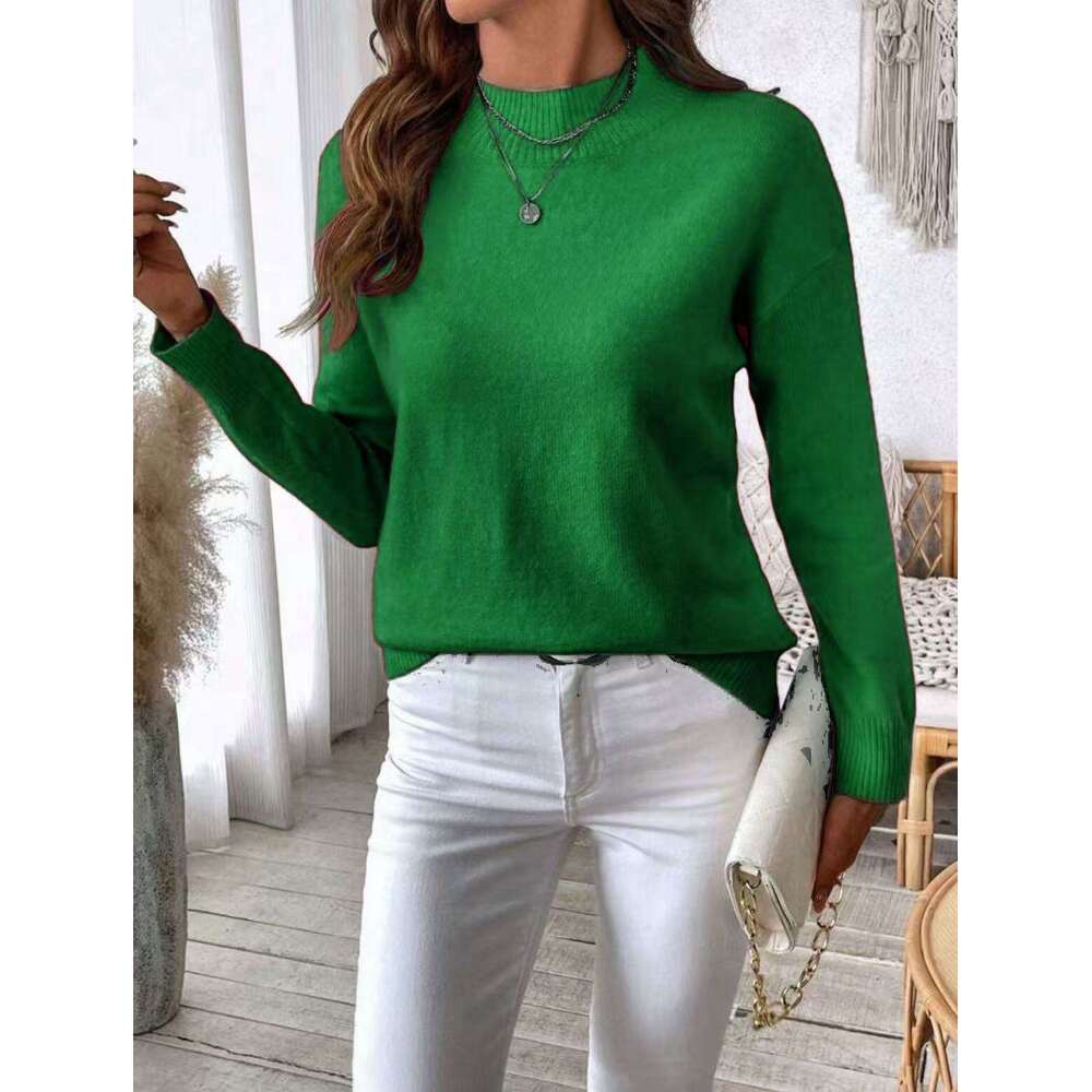 Autumn Winter Half Turtleneck Long Sleeve Sweater Women Cross-Border Foreign Trade Women's Fashion Solid Color Loose Knitted Pullover Top