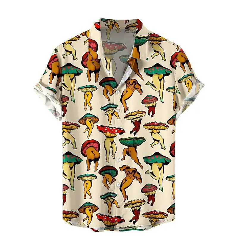 New mens short sleeved shirt disgusting mushroom print mens Hawaiian beach fashion lapel top plus size casual mens shirt X250410