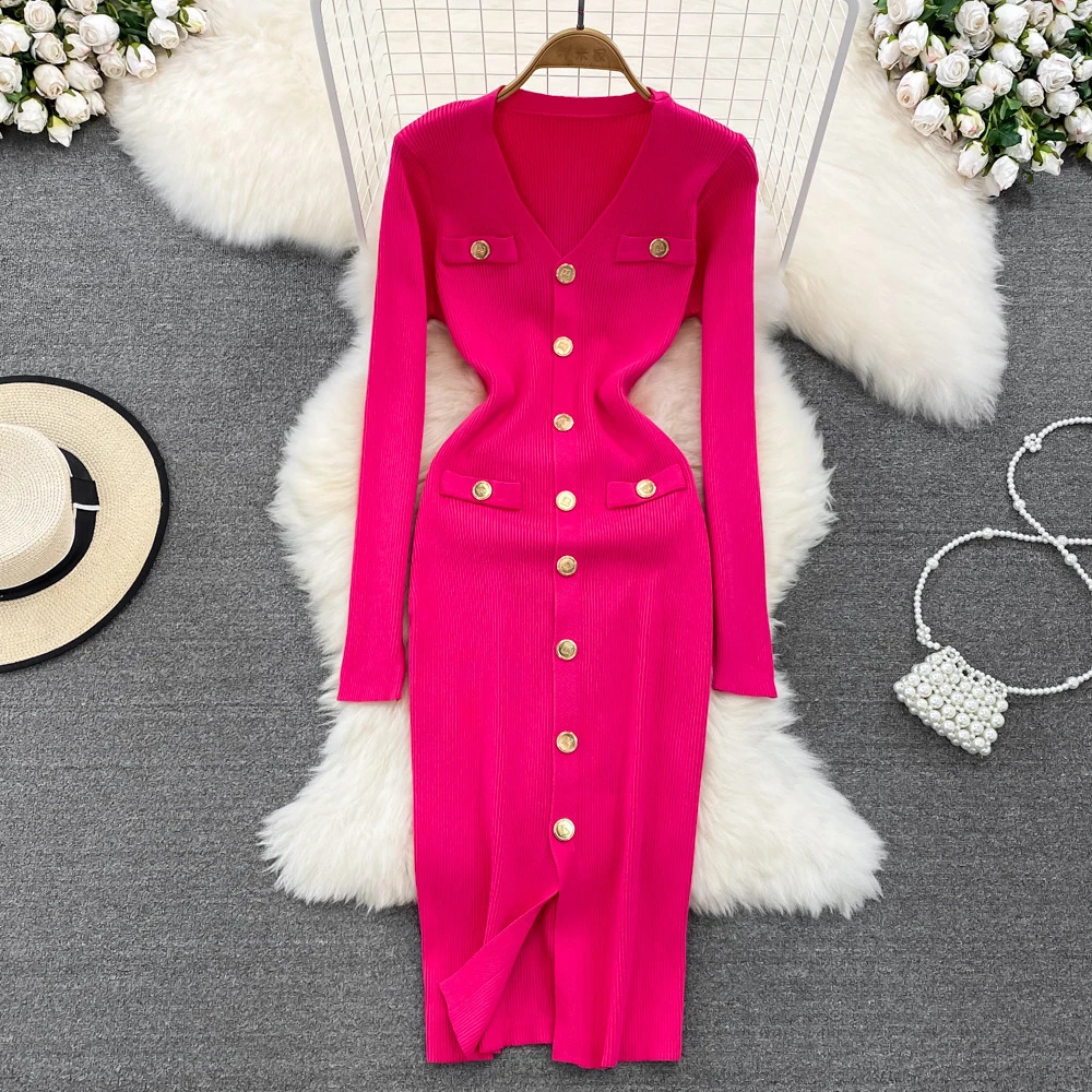 REALEFT Autumn Winter VNeck Womens Knitted Dresses Single Breasted Long Sleeve Solid Front Split Midi Female 251110