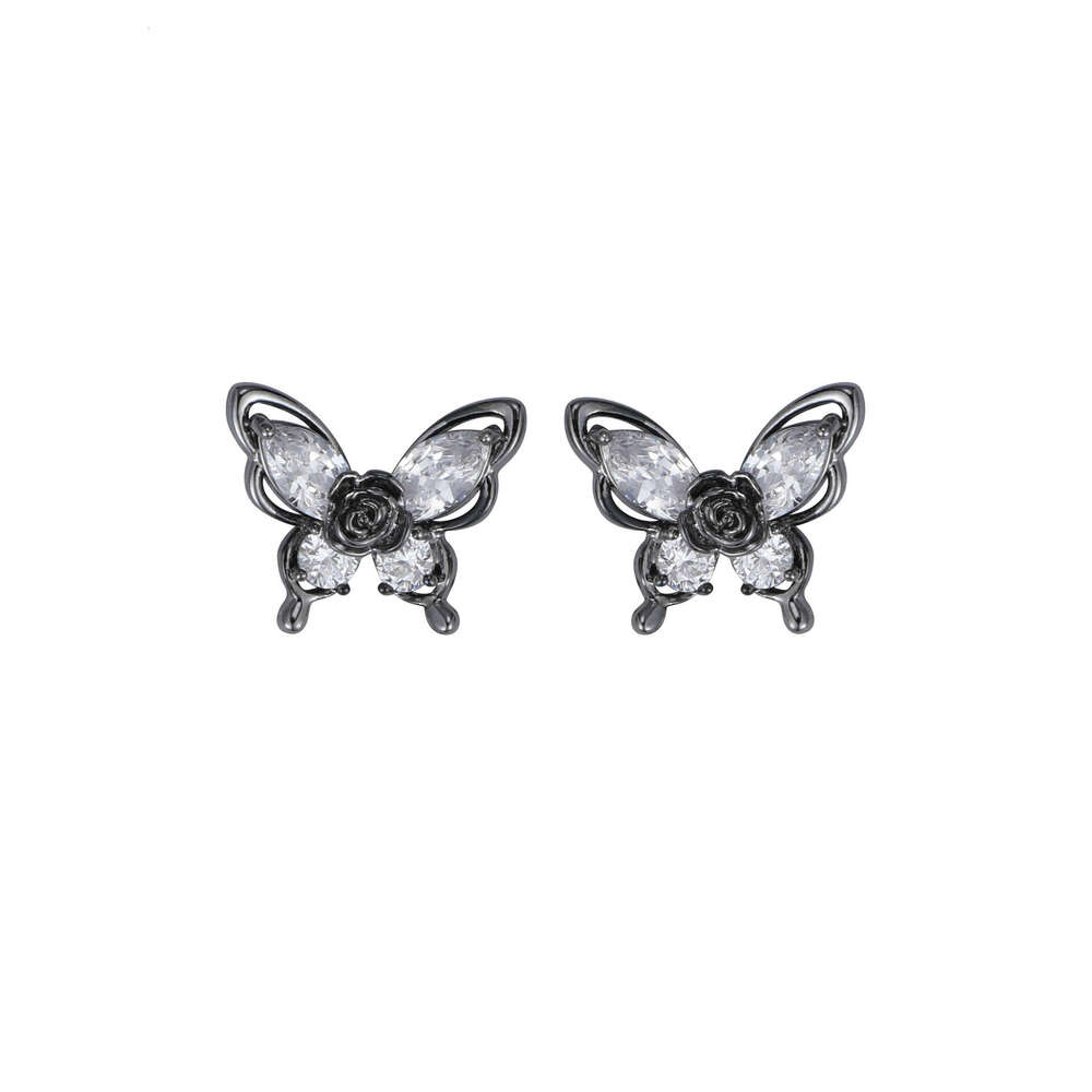 Gun Black Rose Butterfly Earrings for Women, Light Luxury Niche Design, Dark High-End Feel, Exquisite and Petite Ear Jewelry