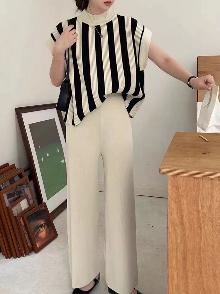 Women Sweater Pant Set Casual Striped Pullovers Suits Autumn Winter Knitted Short Sleeve Elegance OL Tops Elastic Sweaterpants 250408