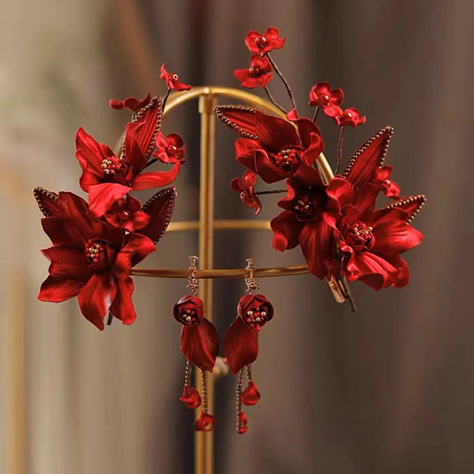 Red Flower Fairy tassel Hair Clip Earring Set Chinese Wedding Accessories Womens Retro Hair Clip 250409