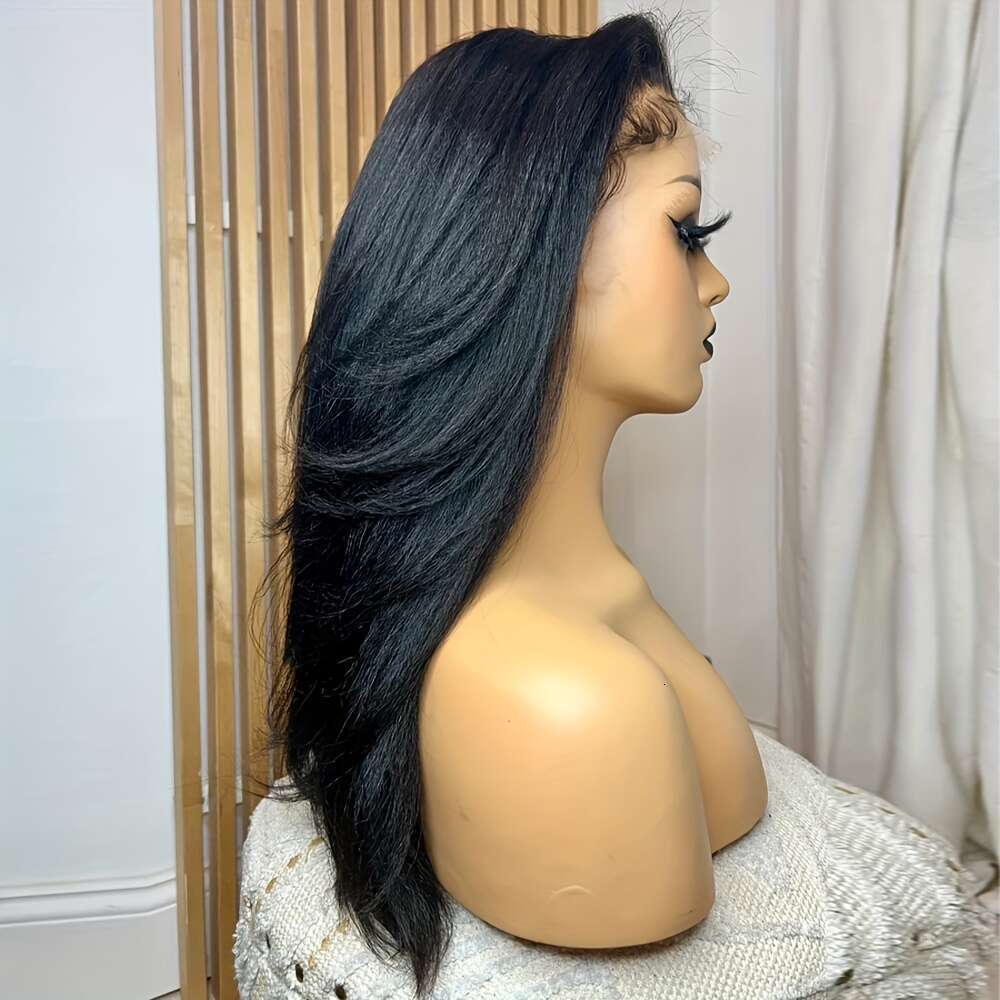 13X4 Frontal Wig Brazilian Virgin Remy Human Hair - 180% Density Kinky To Yaki Straight 'S Hair, Transparent Lace With Natural Hairline, Full Vol