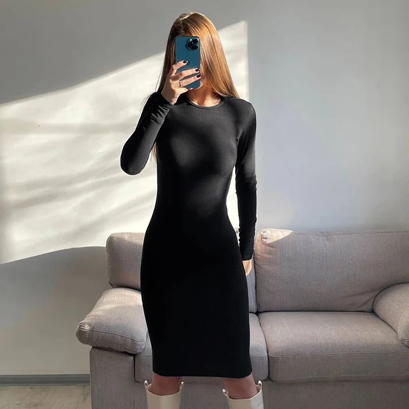 Autumn Winter Dresses Women Fashion Casual Slim ONeck Long Sleeves Elegant Dress Sexy Black Female Club Party Maxi 251110