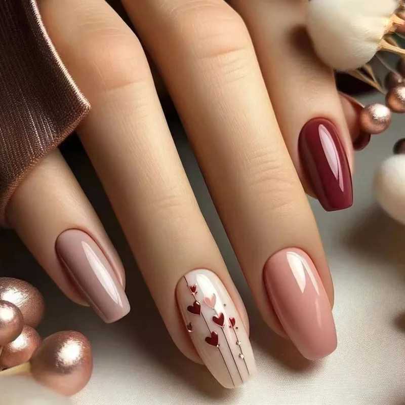 24pcs Medium length Ballet Fake Nail Red Love Pattern Design Pressed on Nails Simple Wearable Completed Coffin Fake Nail Tip W250410
