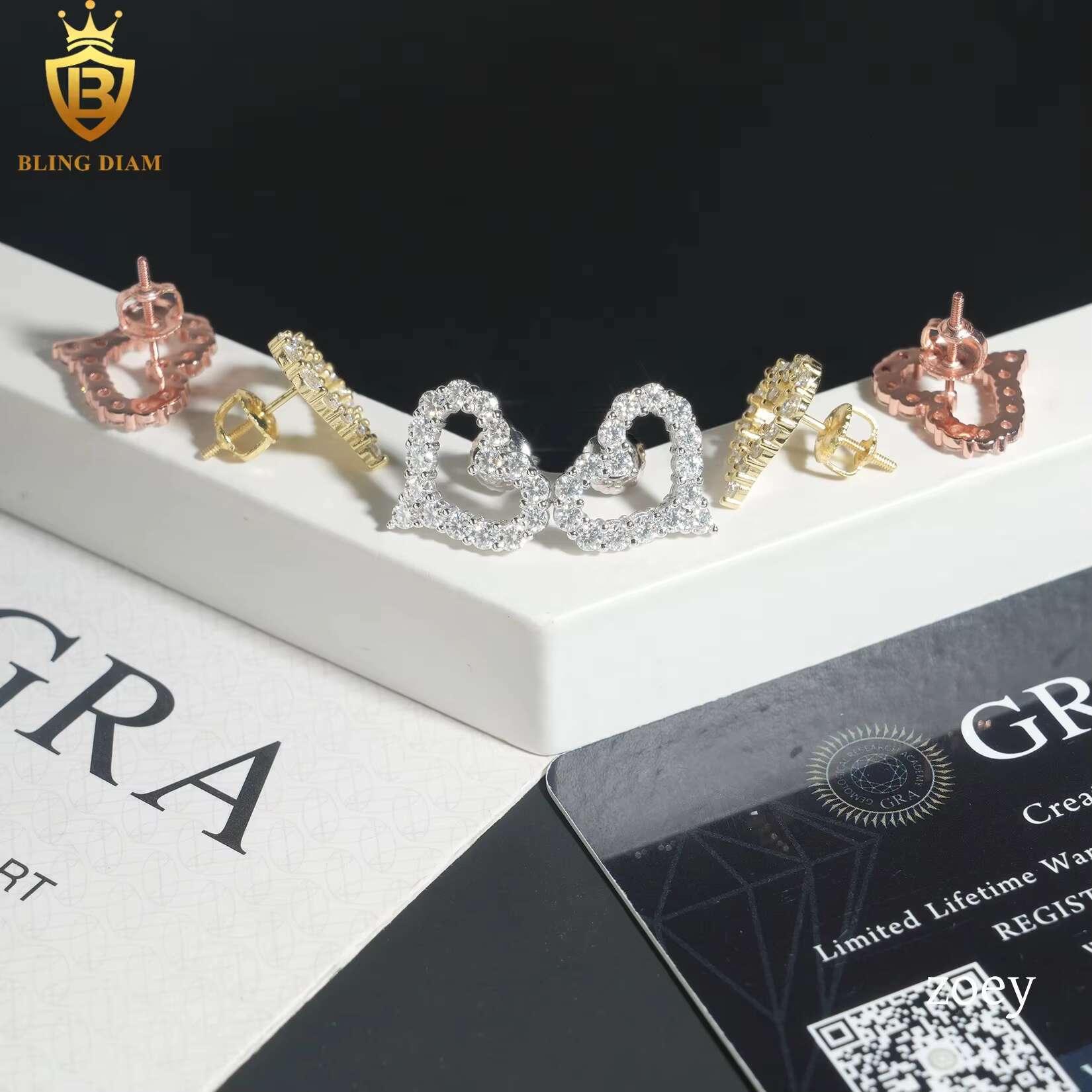 Fashion Jewelry 925 Sterling Silver Vvs Moissanite Heart Shapef Hoop Earrings Rose Gold Plated Gra Certificate