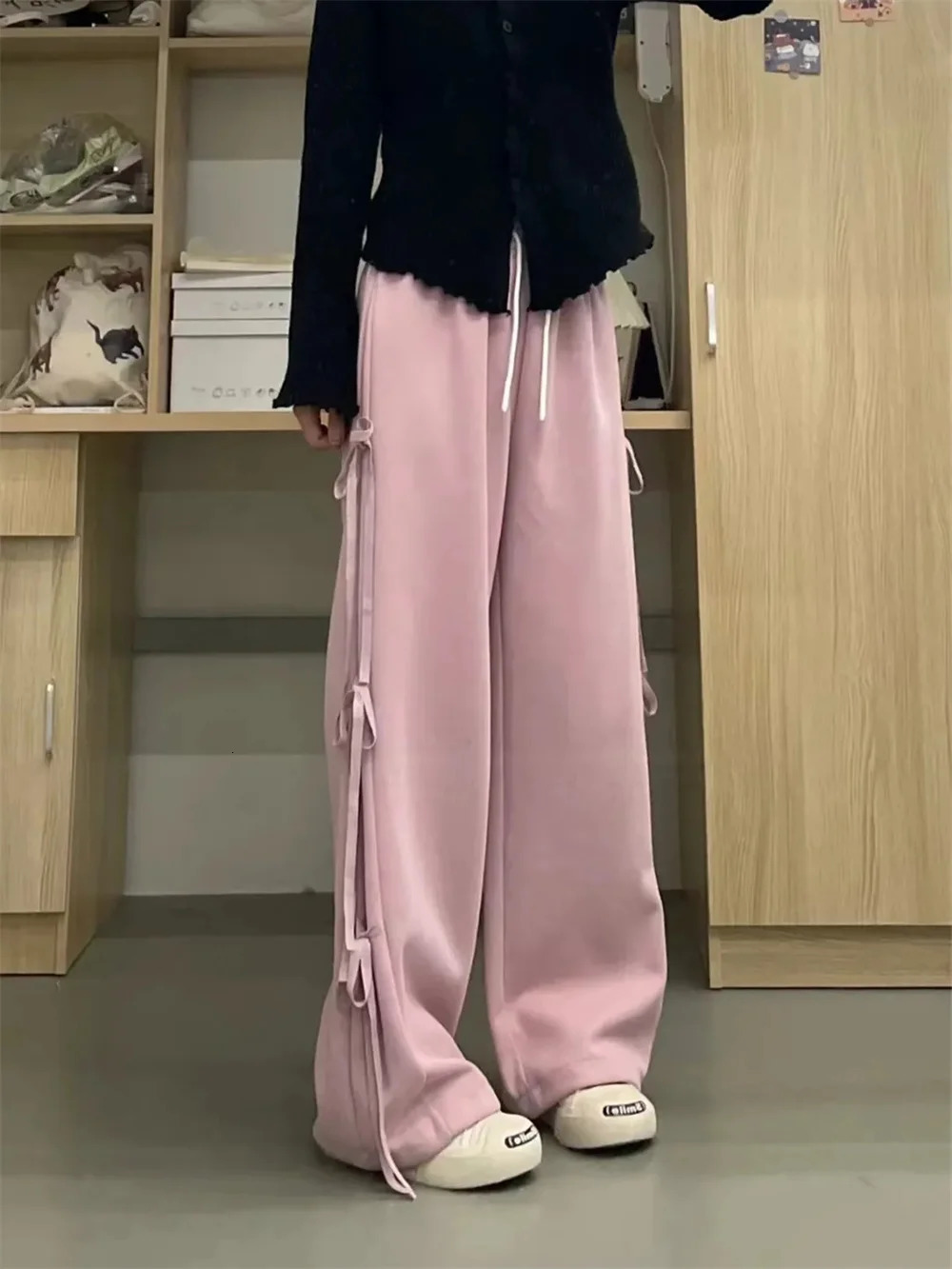 Grey Lace-up Pants Vintage Women Y2k Harajuku 90s Aesthetic Sweatpants Retro High Waist Wide Straight Trousers 2000s Emo Clothes 250409