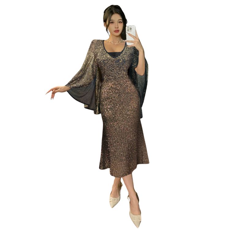 Women's Glamorous Sequin Evening Gown, Flared Sleeve Sweetheart Neck Mermaid Bodycon Dress---D329