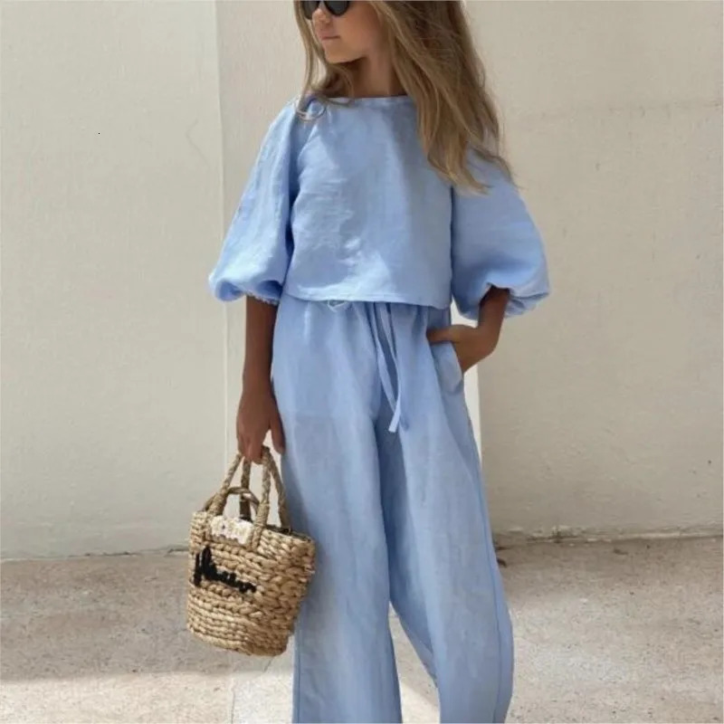 Fashion baby girl linen cotton clothing set shirtpants 2-piece baby and toddler clothing set solid color spring baby clothing 1-7Y 250409