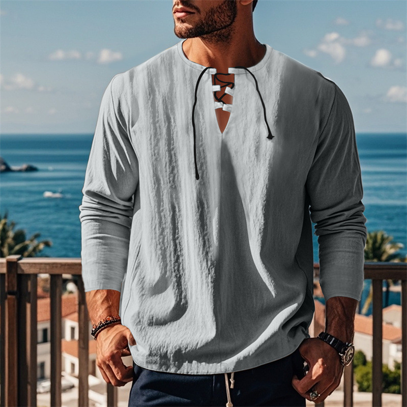 2025 Spring and Autumn New Cotton and Hemp Loose Strap V-neck Long sleeved Shirt Fashion Casual Top Long sleeved T-shirt