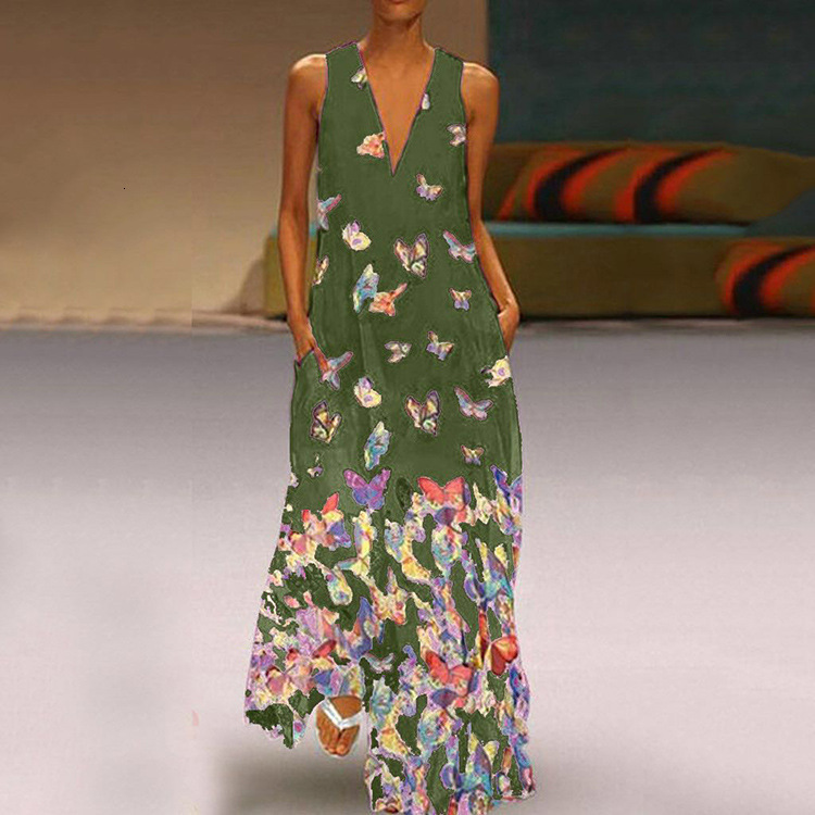 Summer Butterfly Print Bohemian Beach Skirt V-Neck Sleeveless Long Large Women's Dress