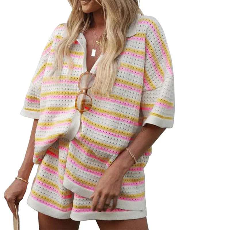 Lamuusaa Womens Beach Set y2k clothing striped buttons short sleeves top and high waist summer two-piece set 250409