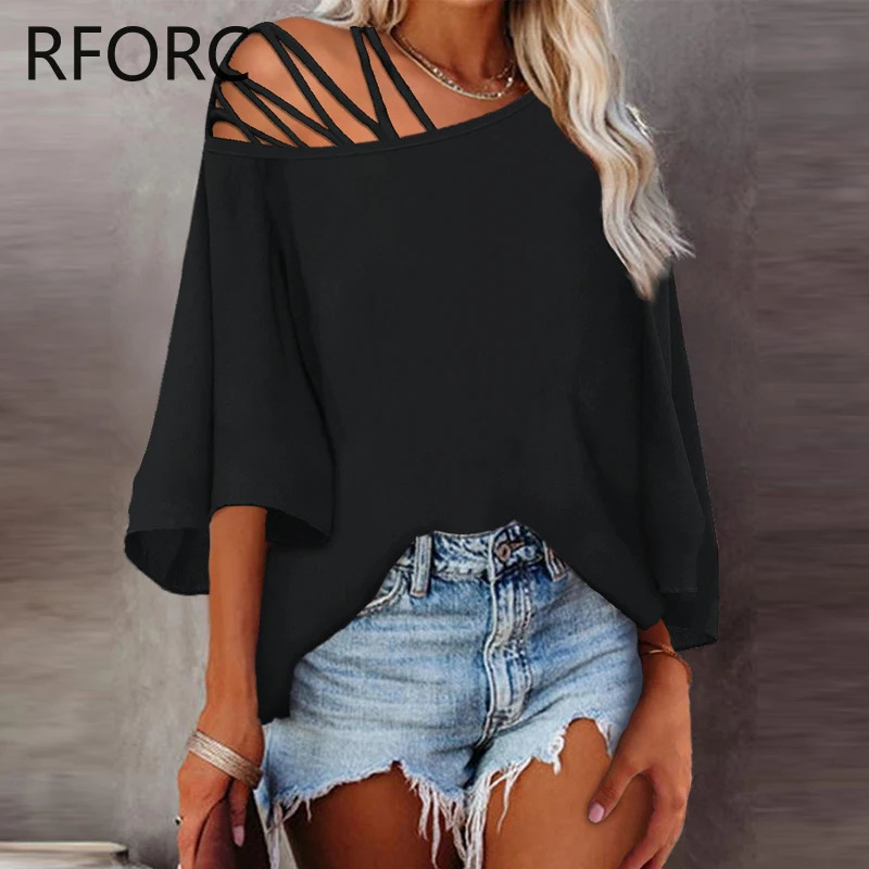 Womens Fashion Solid Batwing Sleeves Single Shoulder Criss Cross Loose Fit Shirt Top 250410