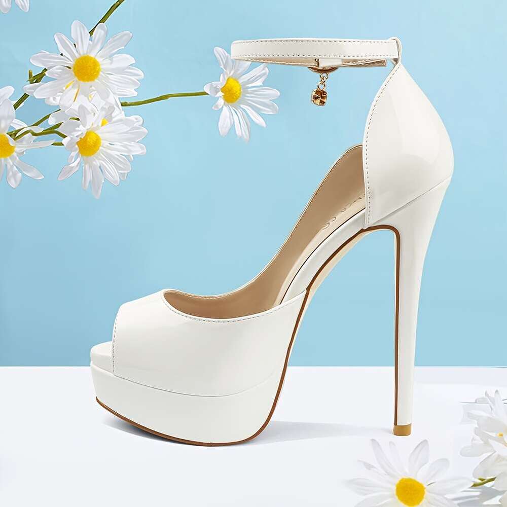 Women's Elegant White High-Heel Platform Pumps Sexy Peep-Toe Ankle Strap Mules With Stiletto Heel, All-Season Versatile Dress Parties, Vacations,