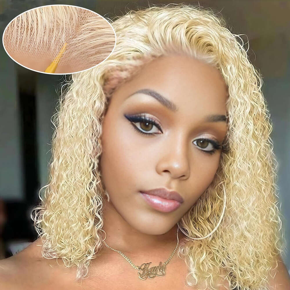 613 Blonde Kinky Bob Human Hair 13X4 Lace Front - Glueless Hairline With Baby Hair, 250% Density Short Jerry Curly Wigs For, Pre-Plucked Frontal Wig F