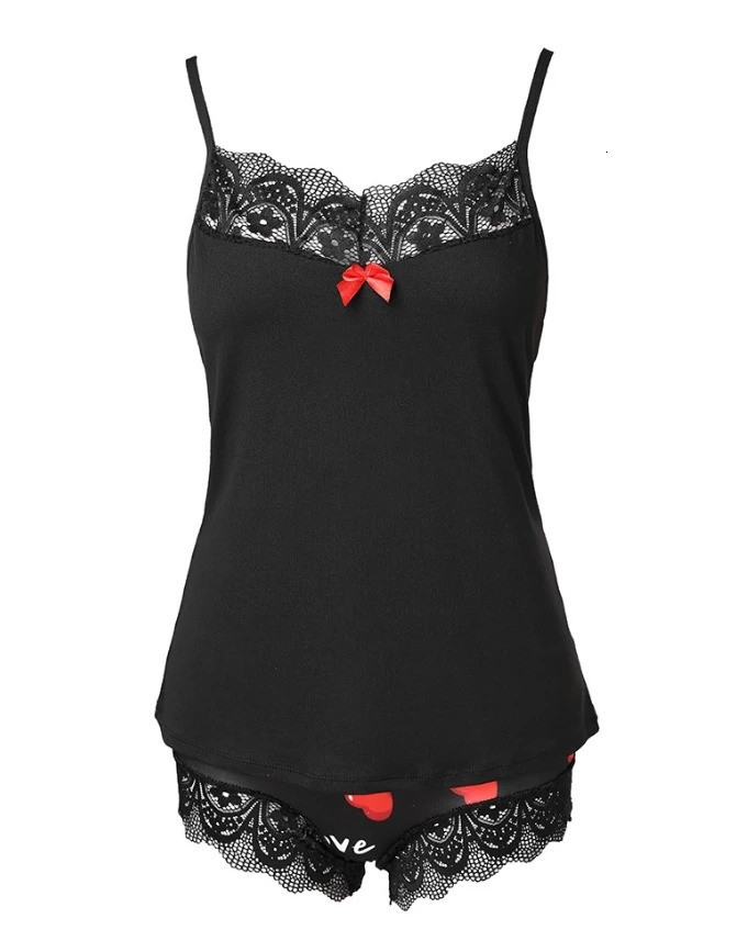 Two piece set of womens clothing Valentines Day love print comparison lace sleeveless cami top and family shorts pajama set 250409