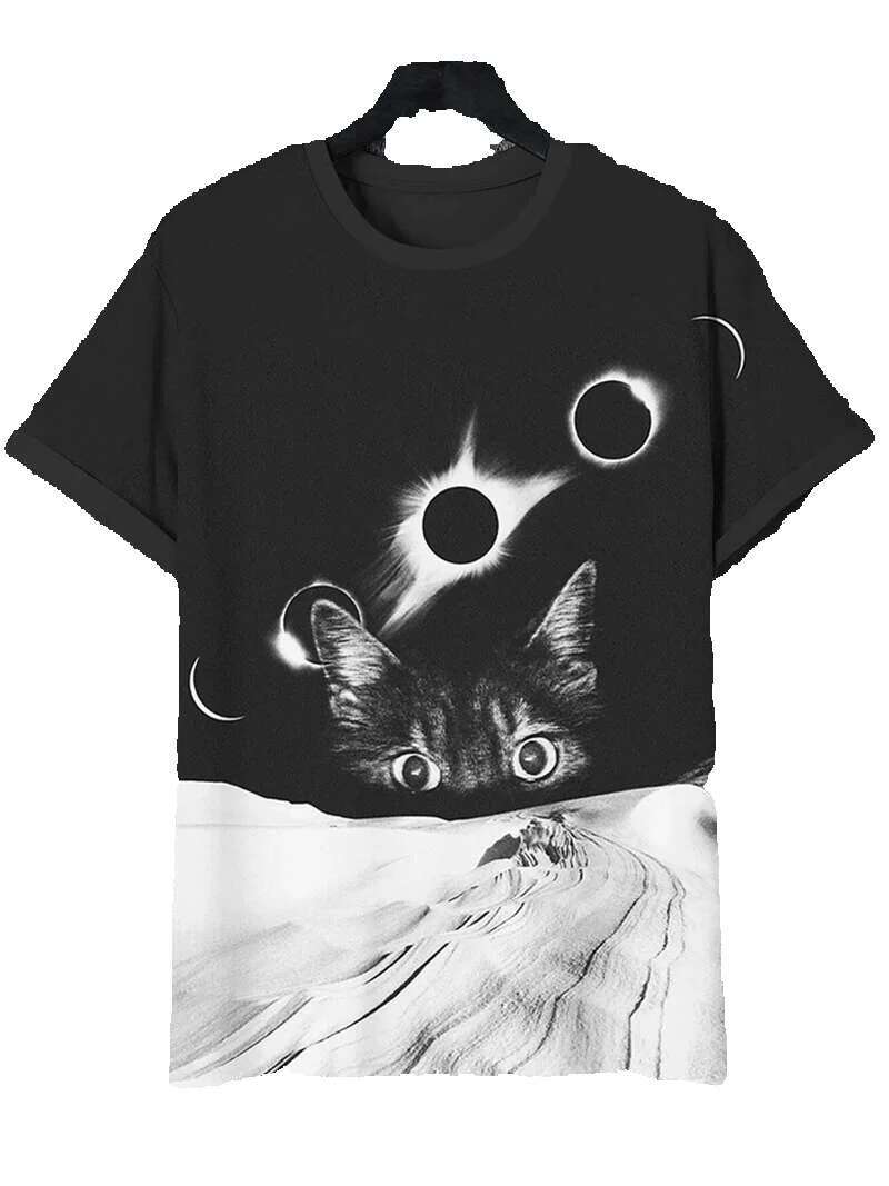 Interesting cat pattern for men, fashionable summer short sleeved round neck 3D printed children's T-shirt, casual oversized Haruku T-shirt