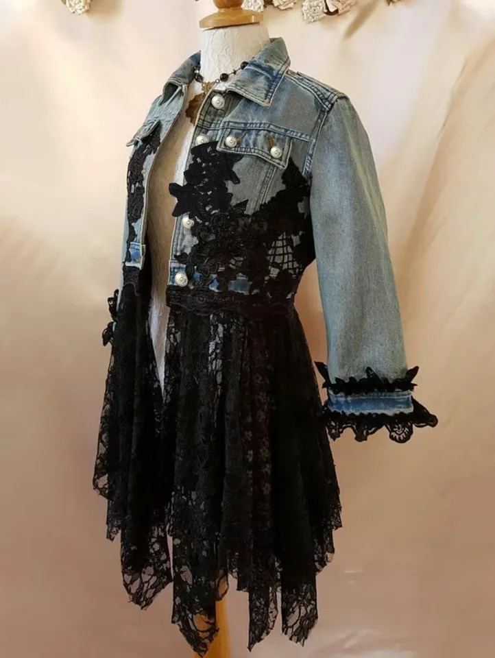 Collar denim jacket womens lace hook flower hollow splicing work edge hole denim jacket autumn streetwear denim jacket 250409