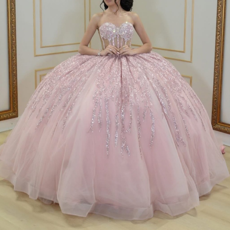 Pink Quinceanera Dresses Off Shoulder Ball Gown Sweet 16 Dress Applique Lace Beads Tull Birthday Party Vestidos 15 De Anos