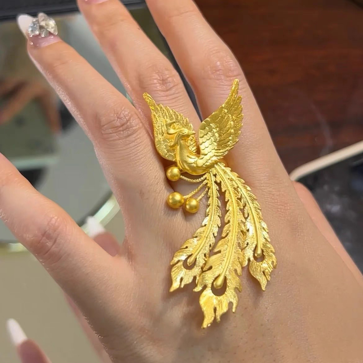 Gold Store Same Style Ancient Method Phoenix Wedding Open Ring For Women Fashionable Exquisite Light Designer Ring Fashion Ring Luxury Matte Gold Adju