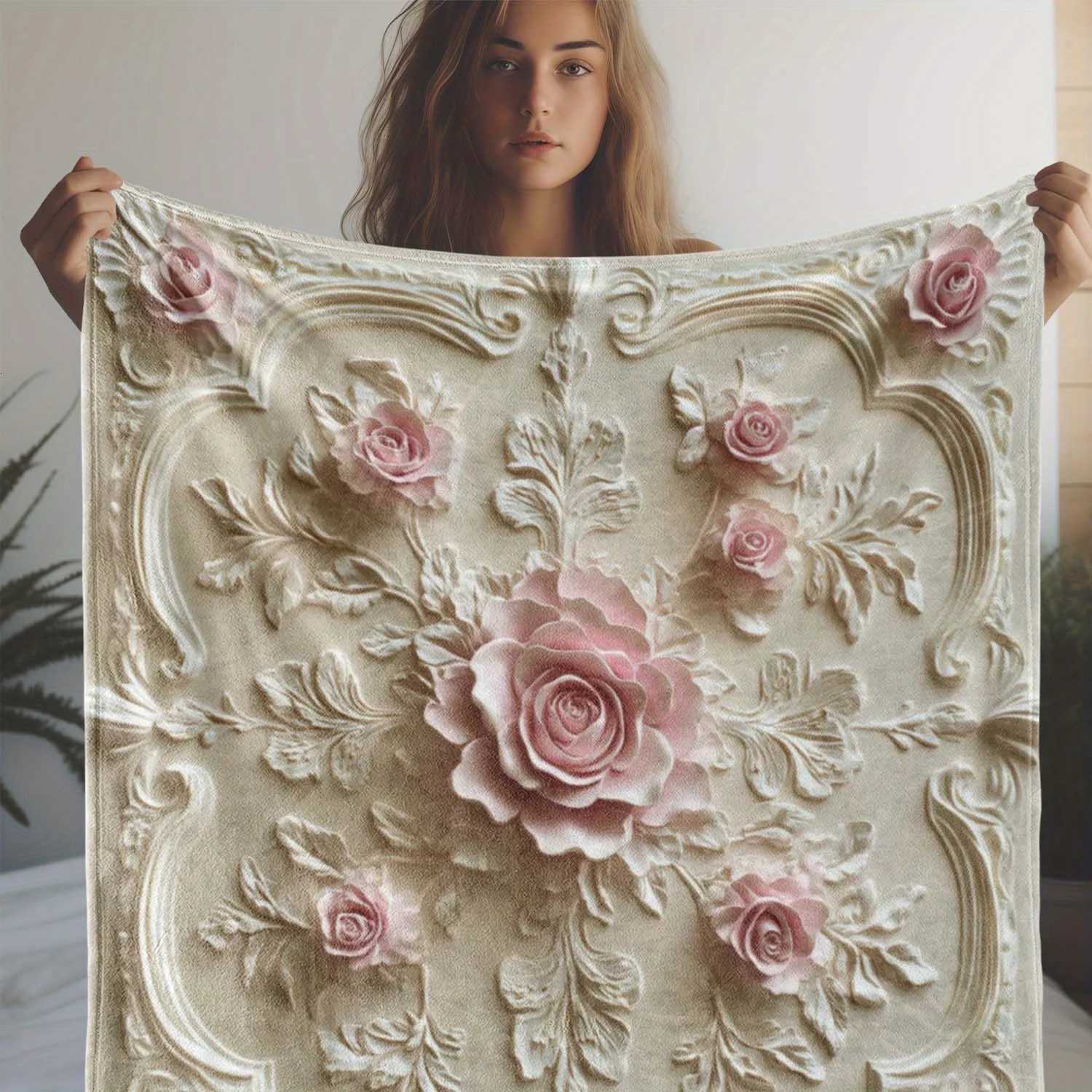 Luxury All-Season Flannel Blanket Embossed Rose Floral PrintUltra Soft Versatile for Sofa/Bed/Car/Travel Pink Roses on White C251111