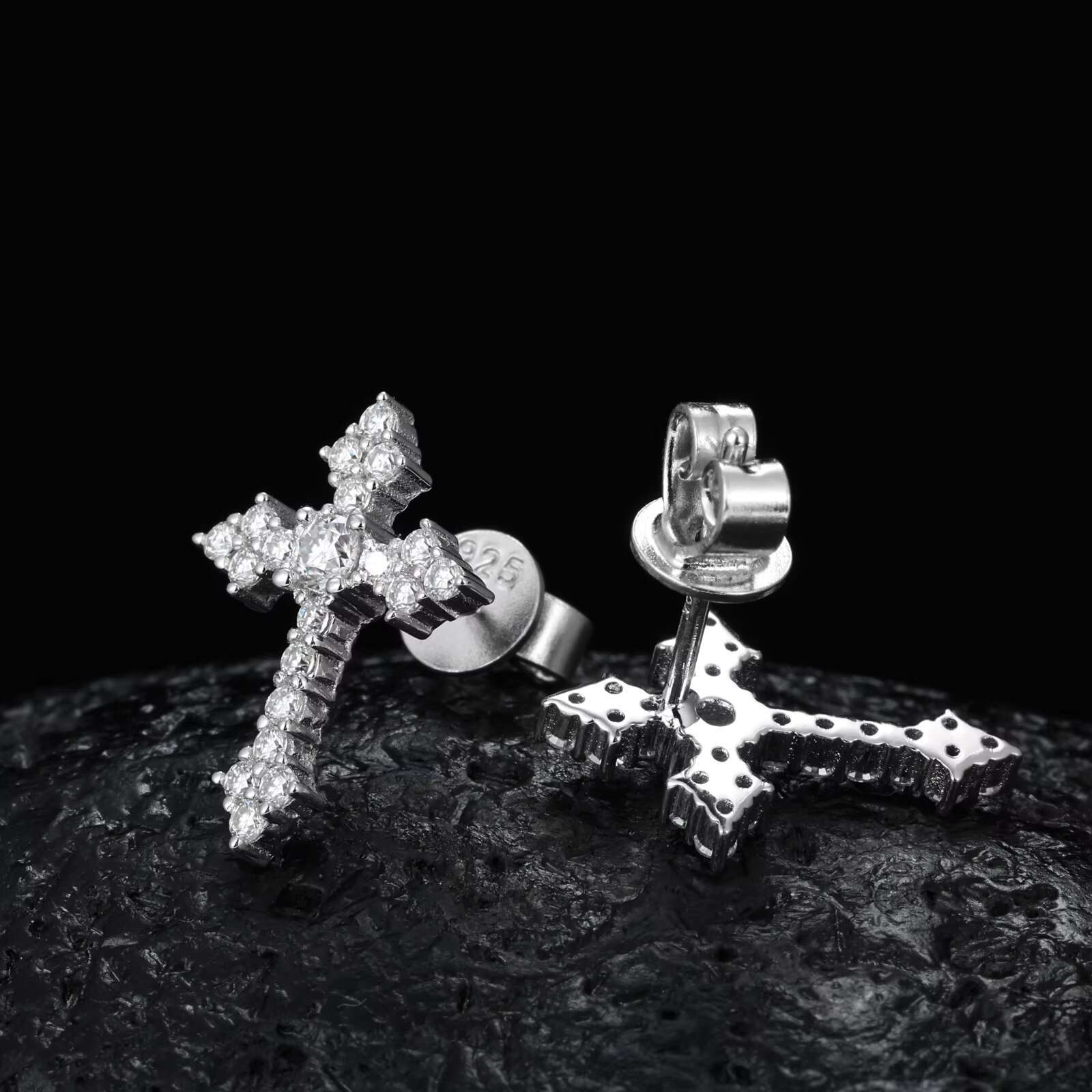 Hip Hop 925 Sterling Silver VVS Moissanite Diamond Iced Tapered Cross Stud Earrings for Men Religious Jewelry