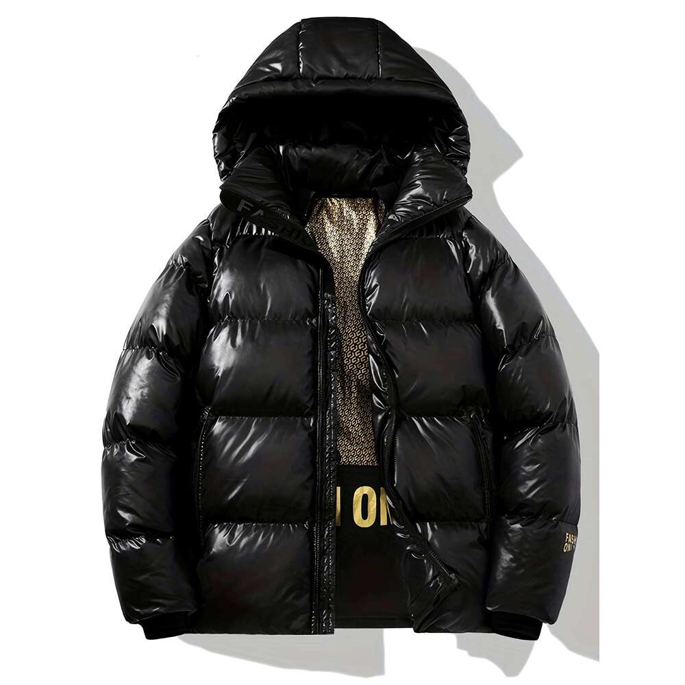 Men's Jacket Cozy Black & Golden Hooded Jacket Men's Padded Polyester Fiber Coat | Thick Casual Winter Wear