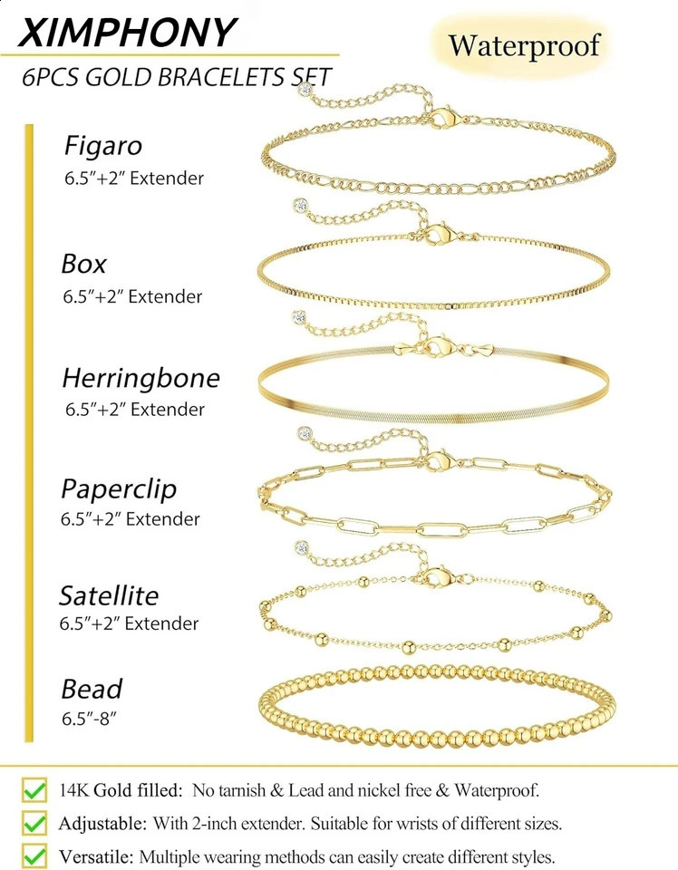 Womens Waterproof Gold Bracelet 14K Plated Jewelry Set Fashion ThinPaint Stackable Cuban Link Paper Clip Chain 250410