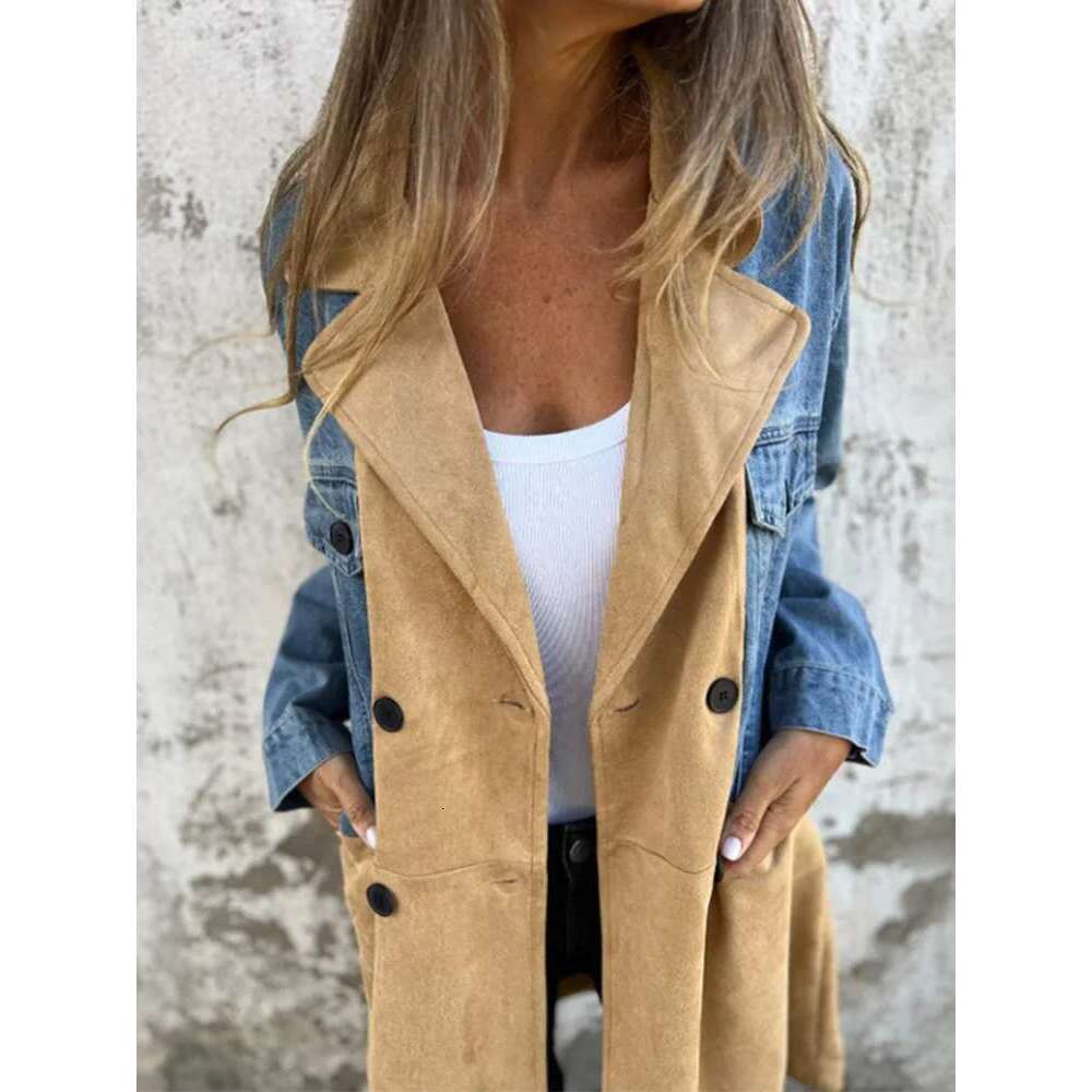 2024 Women Autumn Long Windbreaker Retro Turn Down Collar Denim Patchwork Ladies Trench Double-Breasted Casual Coats Streetwear