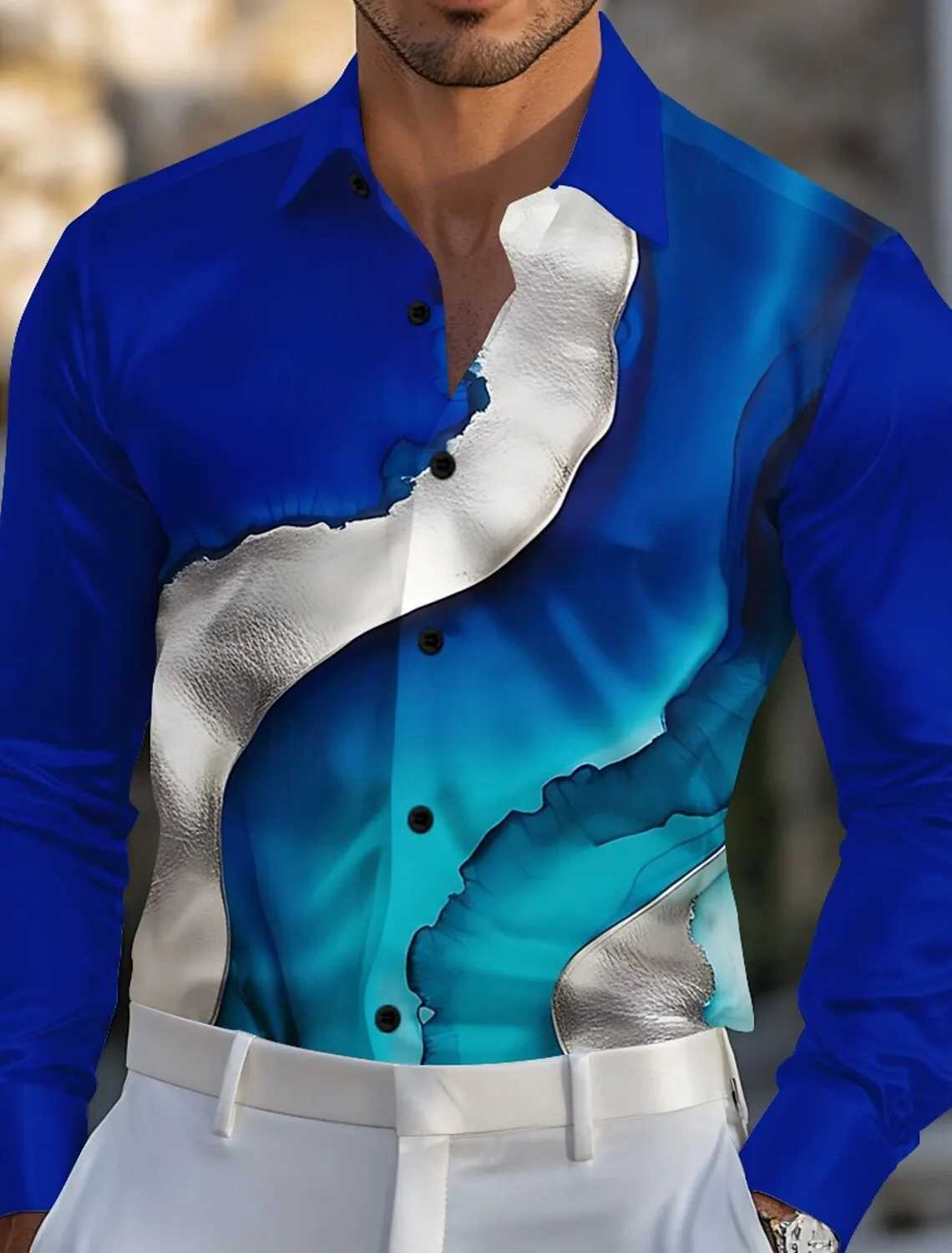 Mens Gradient Waves Marble Shirt Satin Shirt Dress Shirt Long Sleeve Fashion Casual Turndown 3D Print Button Up Shirts K251110