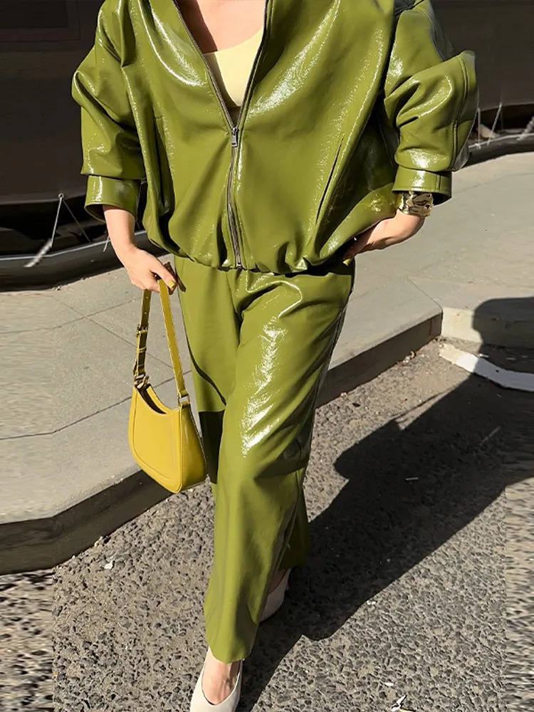 Vintage Street Leather Skirts Coats Suits Women Standneck Zipper Long Sleeves Sets Female 2025 Autumn Fashion Solid Streetwears 251105