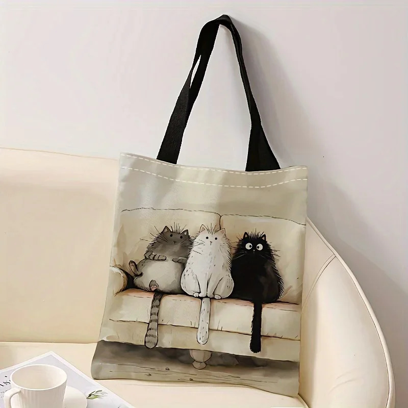 Cartoon Fluffy Three Kittens Pattern Print Casual Tote Bag Single Shoulder Shopping Reusable Fashion Backpack Handbag 251110