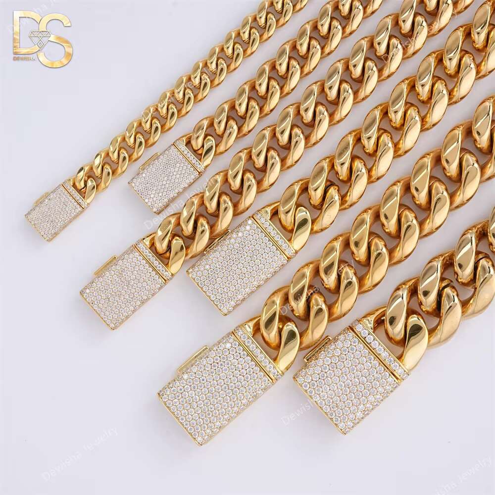 Wholesale Hip Hop Fashion 14k Gold Plated Miami Cuban Chain 6mm-18mm Bracelet and Necklace With Moissanite Clasp