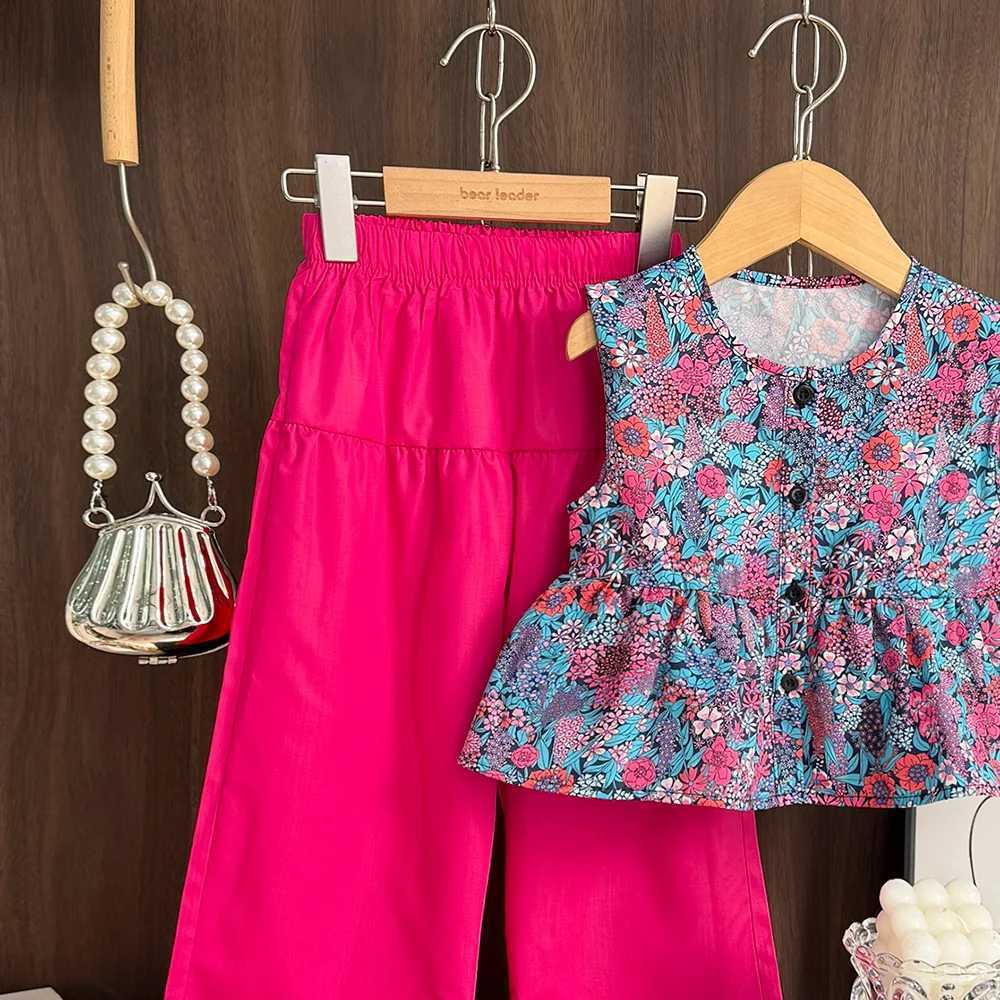 Summer Fashion Girls Clothing 3-7 Years Old Flower Printed Sleeveless Top and Wide Leg Pants Two Piece Set Casual Girls ClothingXJ250410