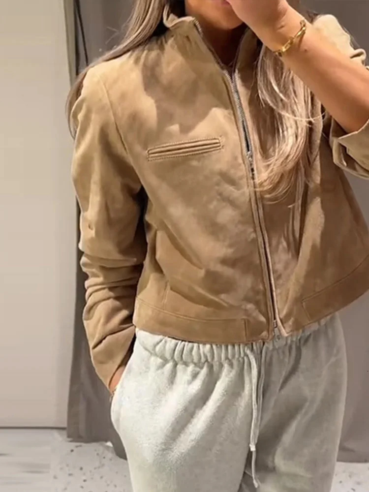 Autumn Winter Short Suede Jackets Women Brown Stand Collar Zipper Long Sleeve Female Coats Fashion Street Y2k Lady Outwears 251106