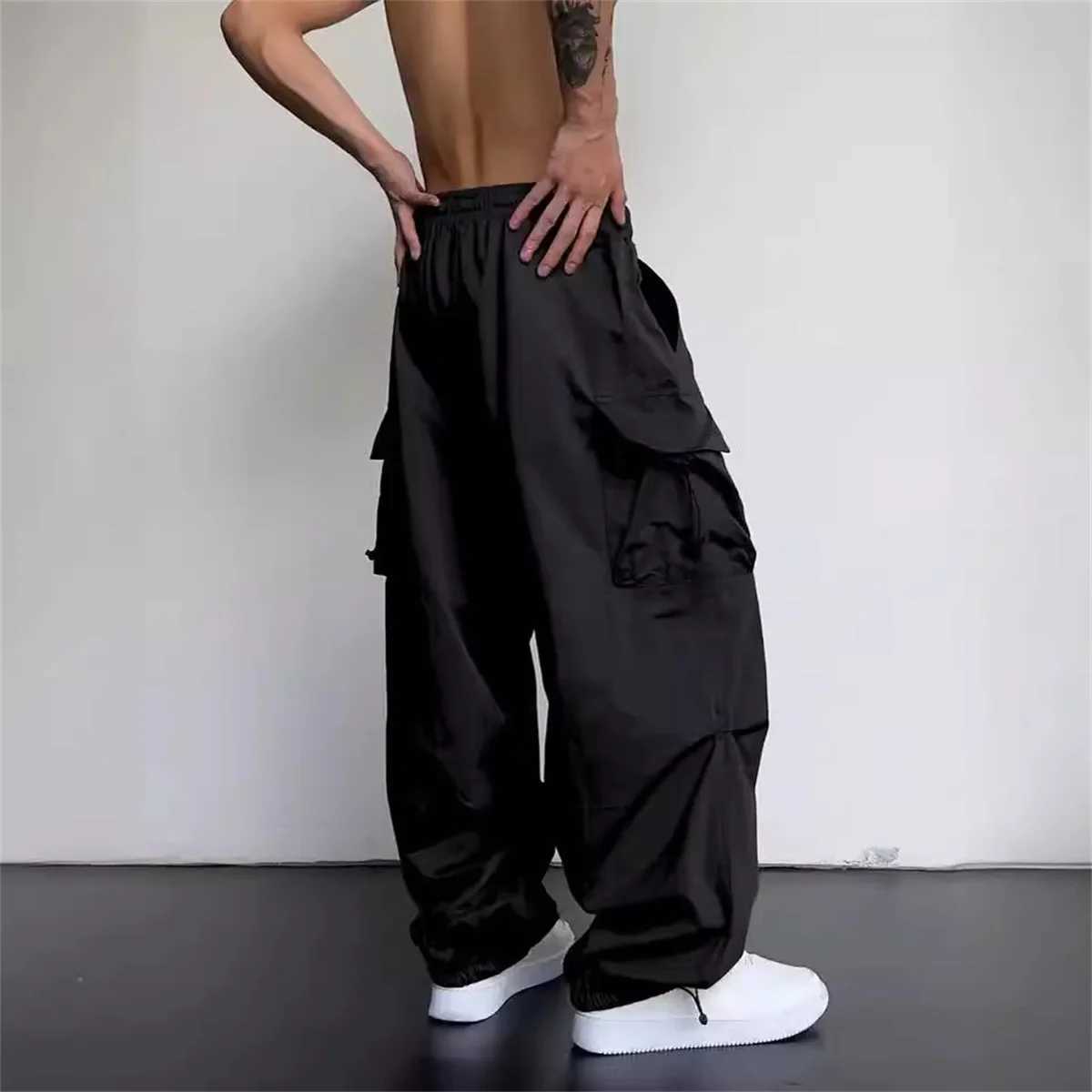 Black mens hip-hop commodity pants casual summer solid multi pocket Trouser cool ribbon Techwear hip-hop sports pants boysXJ250410
