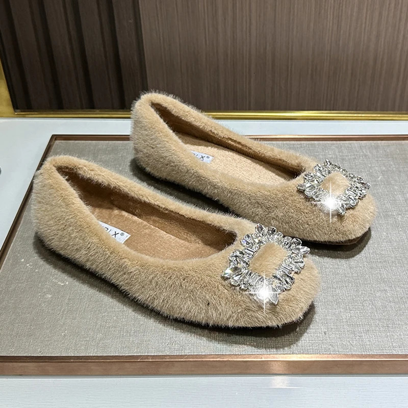 Rhinestone Buckle Fur Shoes Woman Rabbit Hair Flats Soft Furry Loafers Winter Square Toe Cotton Mocasines Mujer Fluffy Ballerina 251110