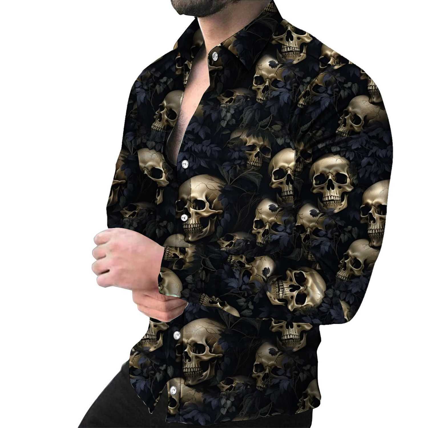 Fashion 3D Skull Print Mens Long Sleeve Button Up Shirt Casual Design Lapel Shirts Street Retro Harajuku Mens Clothing Tops K251110